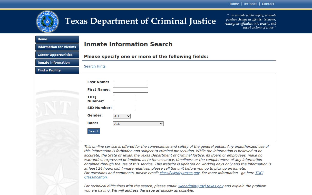 Loving County arrest history TDCJ inmate search fields