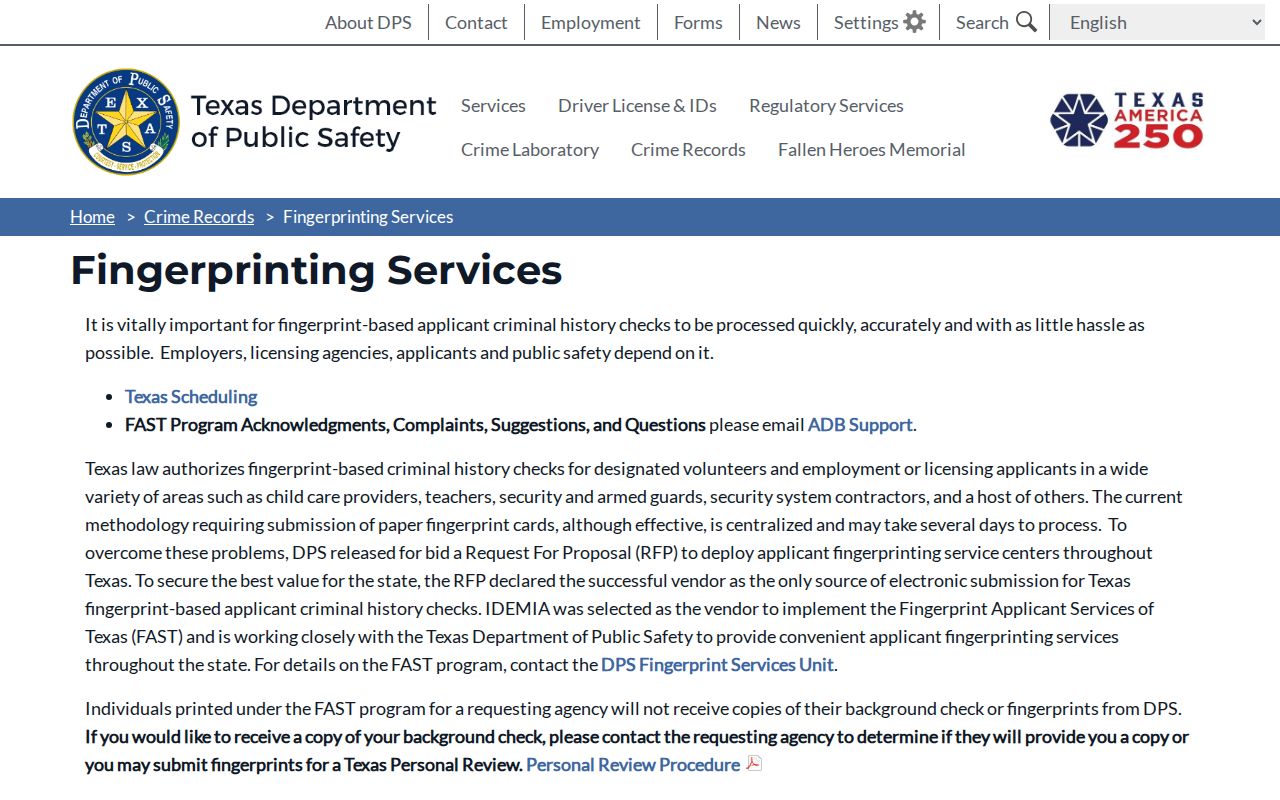 Loving County criminal history DPS FAST fingerprint instructions