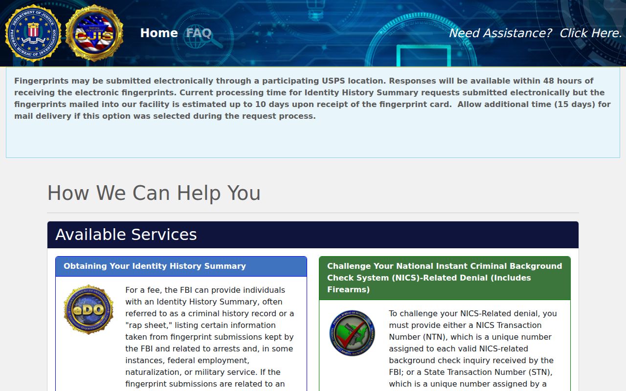 Loving County criminal history FBI self-record ordering portal