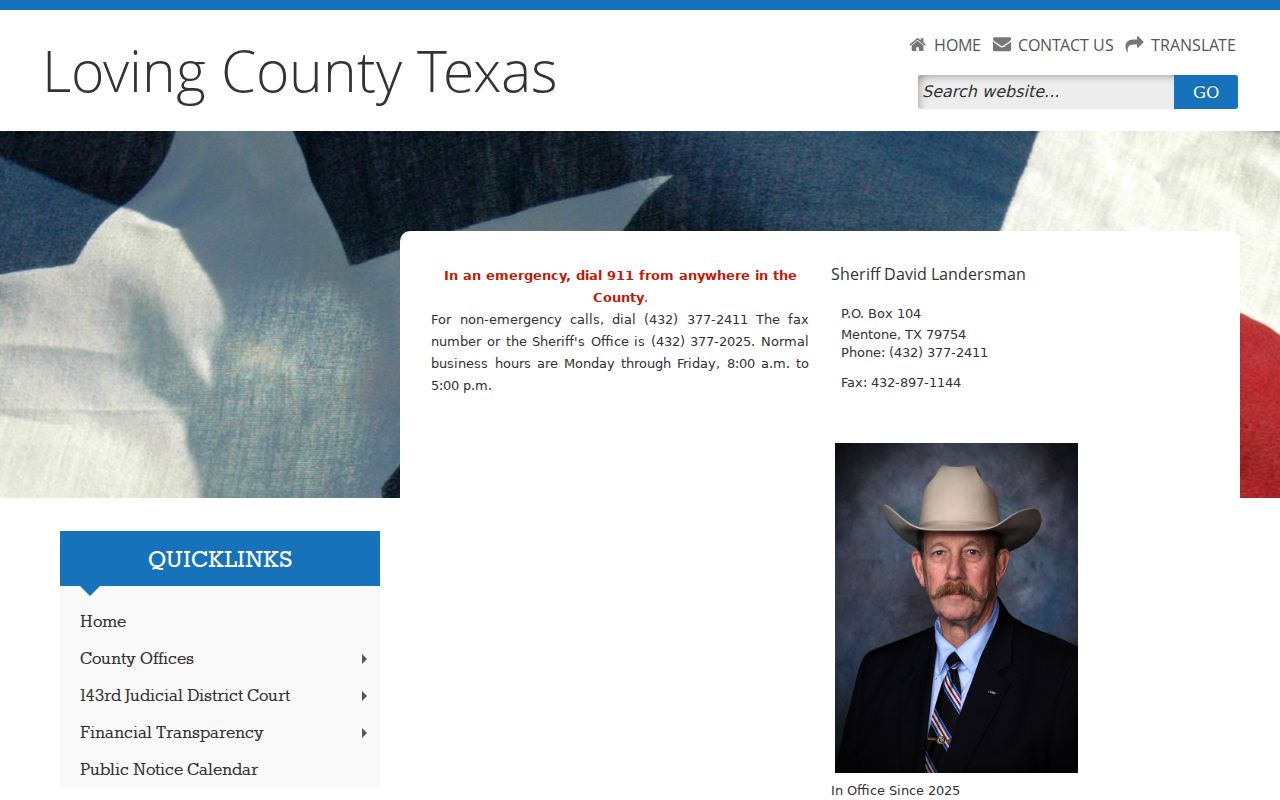 Loving County criminal arrest record sheriff contact page
